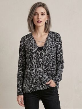 MICHAEL KORS Spotted Drape Blouse with Chains, Edgy Chic High-Low Hem Top,Size L